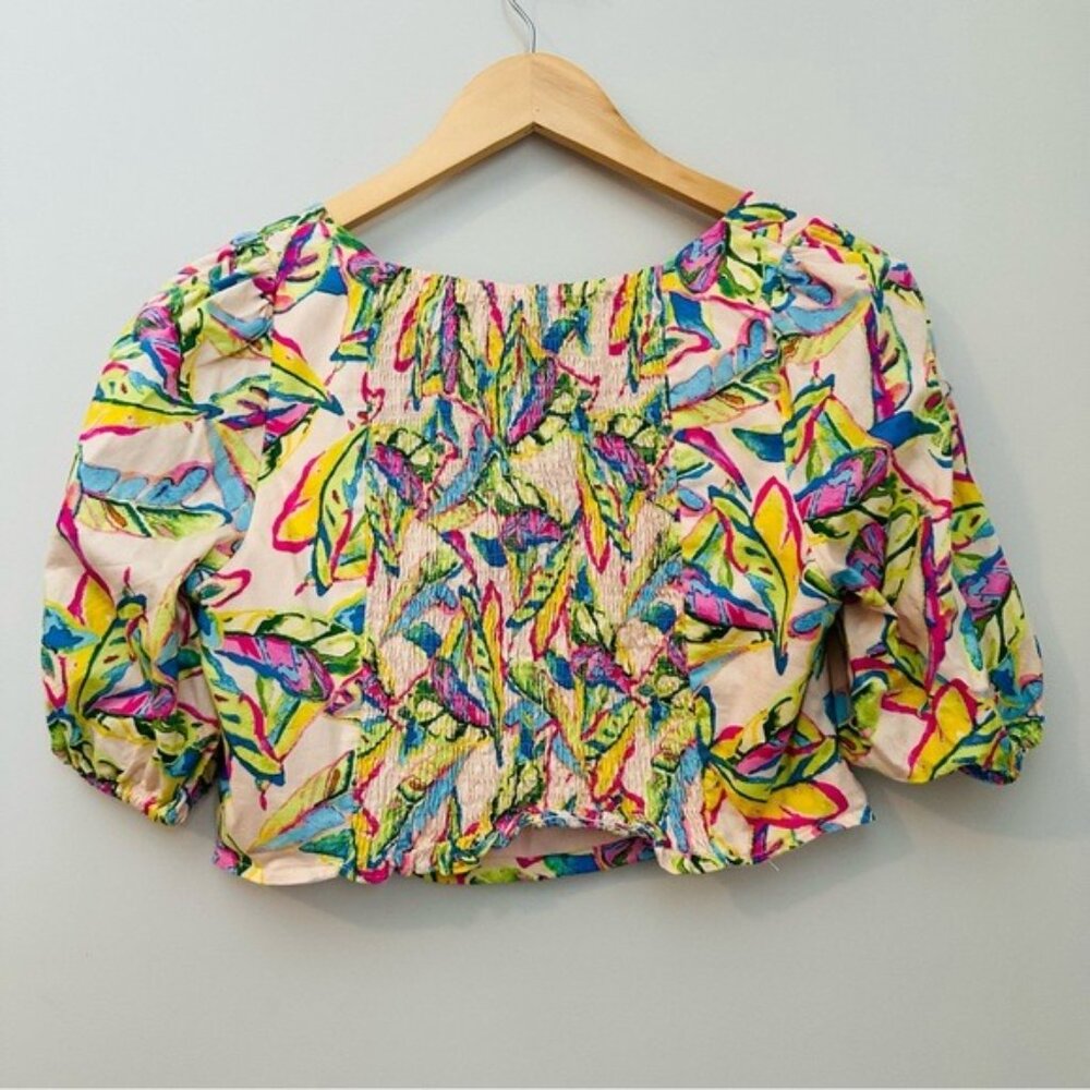 Rachel Roy Tropical Puff Sleeve Smocked Crop Top Medium Coastal Prep Y2K - Picture 5 of 8